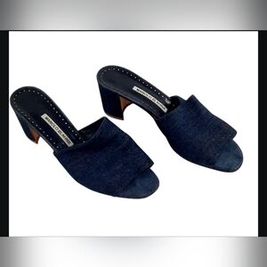 Manolo Blahnik Navy Blue Rapallato Denim Banded Block Heel Sandals 39 1/2
